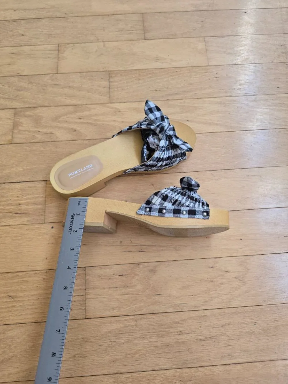 Portland Boot Company | Callie gingham black white bow platform sandals | WMS 8